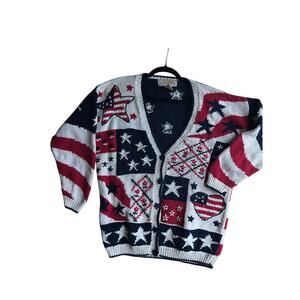 Stitches In Time Women's American Flag Patriotic Knit Cardigan Sweater Large